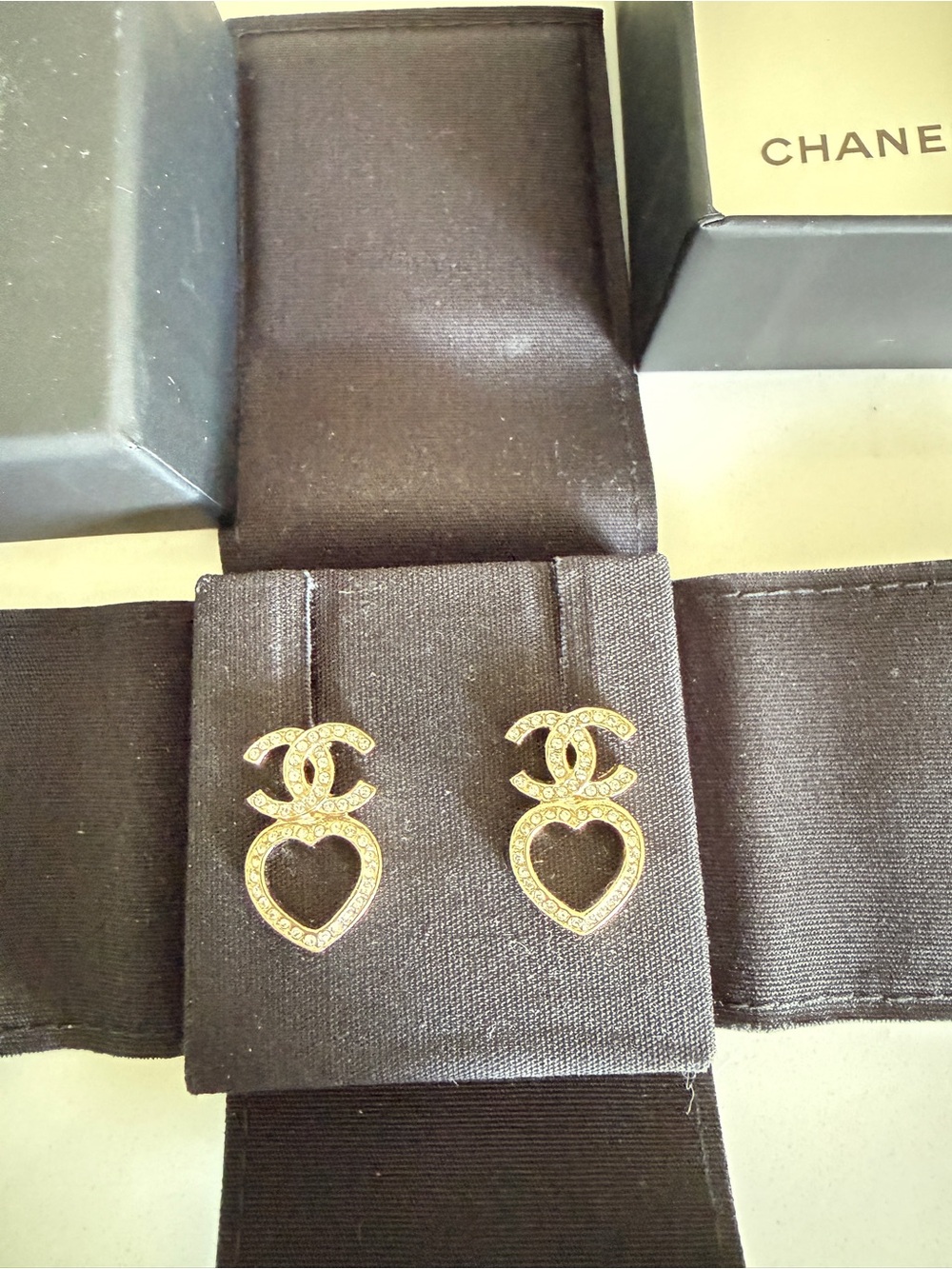 CHANEL Gold CC Heart Dangle Earrings with Pavรฉ Detail BRAND NEW Full Set